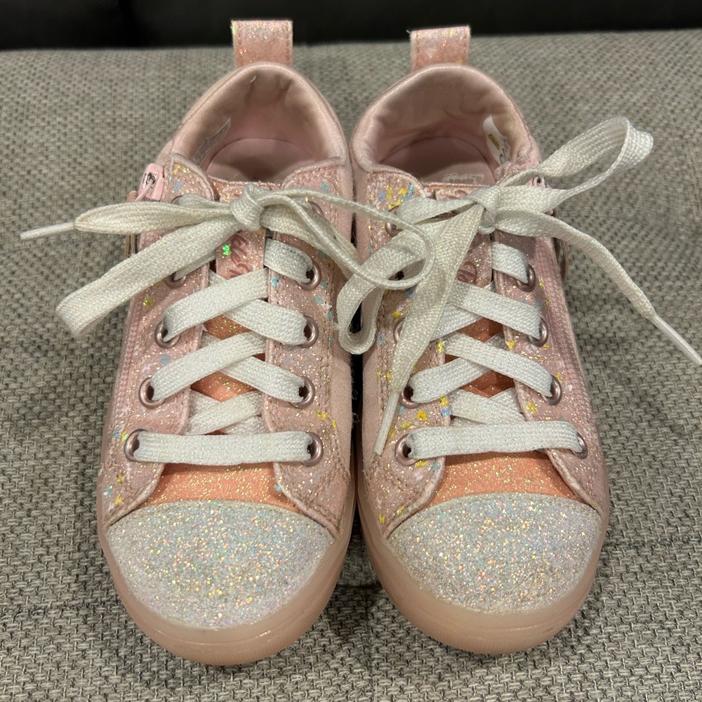 Twinkle Toes Pink and White Sparkly Sneakers with Glitter and Butterfly Detail